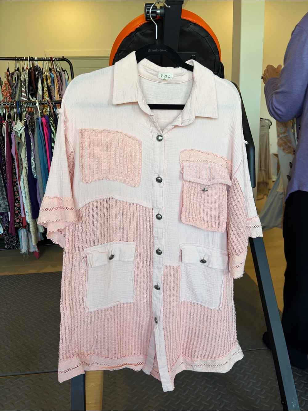 POL Light Pink Short-Sleeve Button-Front Patch Pocket Blouse